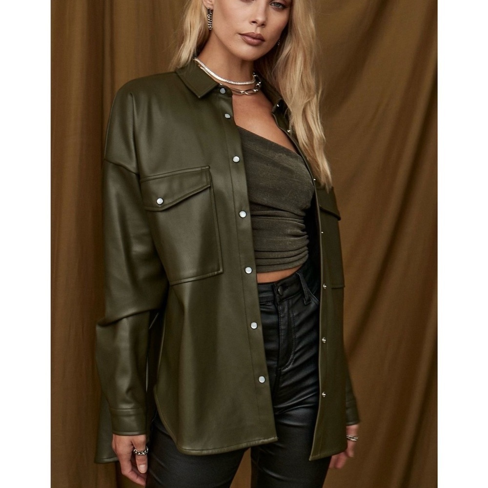 12th Tribe Owen Olive Vegan Leather Shirt Jacket M/L Shacket
